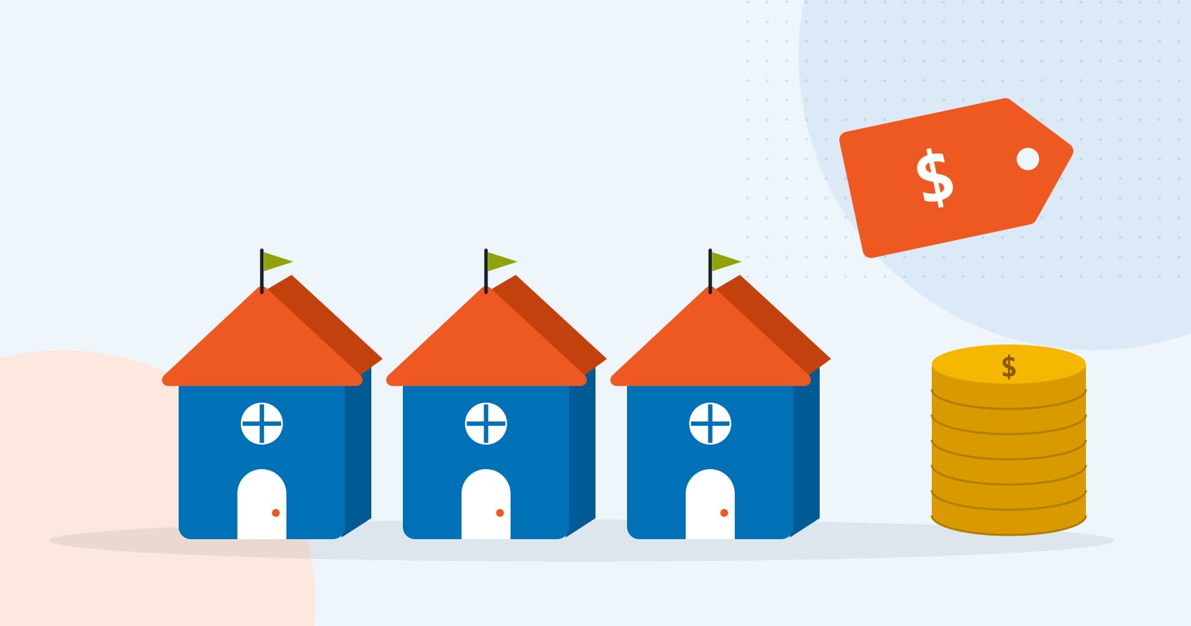 Illustration of three identical toy-block schoolhouses next to a price tag and a stack of coins